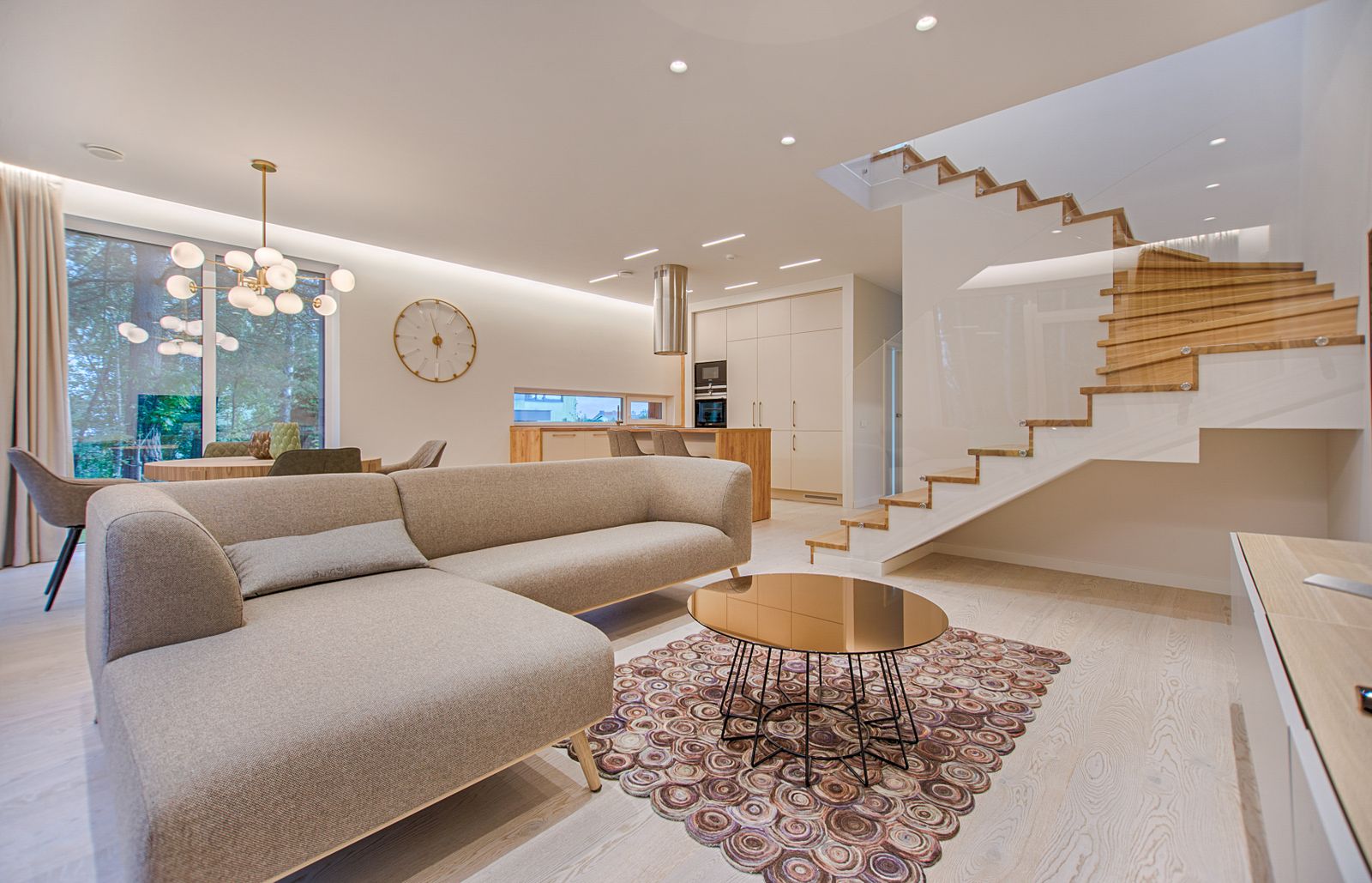 Elegant living room with modern sofa and warm lighting